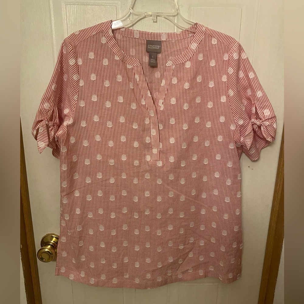 Chico's Red and White Linen Blend Blouse